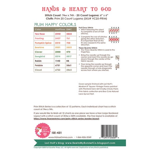 Counted Cross Stitch, HANDS & HEARTS TO GOD No. 12 PRIM STITCH SERIES Pattern by Lori Holt - Image 2