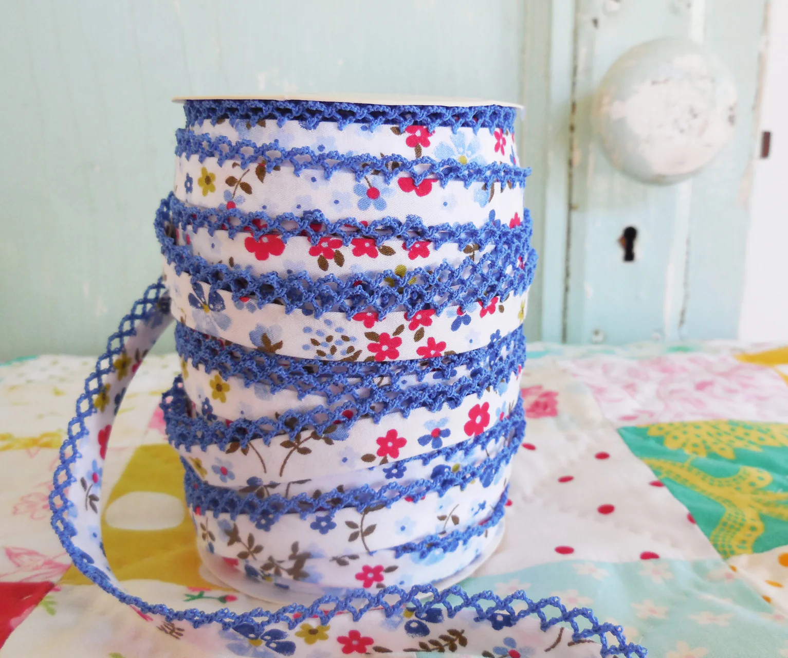 LACE BIAS TAPE, BLUE FLORAL Double Fold Crochet Edge (by the yard)