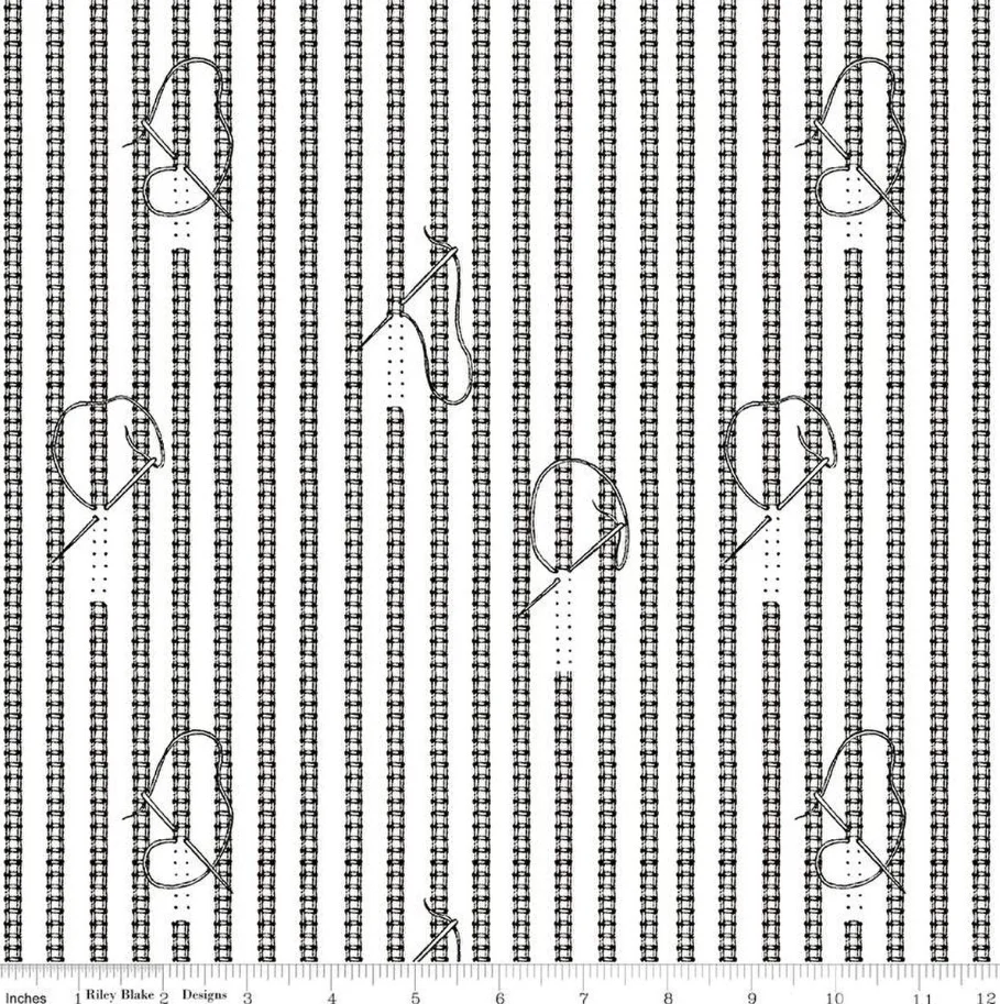 Fabric, Hemstitching Ladder Stitching - Sew Journal Black on WHITE - (by the yard)