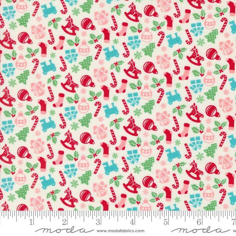 Fabric, Kitty Christmas Candy Cane Toybox by Urban Chiks - SNOW Ivory (by the yard)
