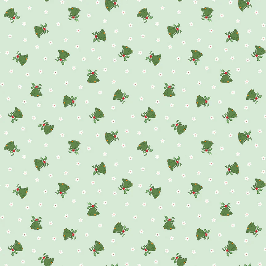 Fabric, Mistletoe and Holly Mistle Scattered Bells by Beverly McCullough - Hint of Mint GREEN (by the yard)