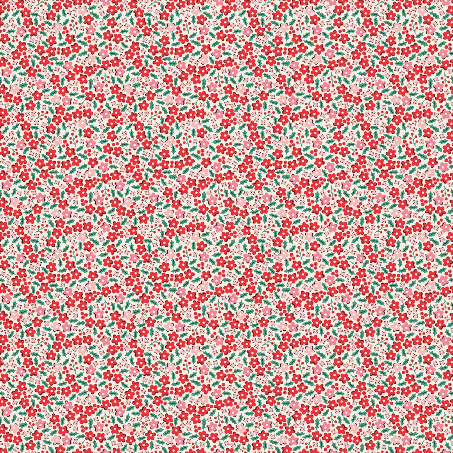 Fabric, Oh What Fun RED HOLLY FLOWERS by Poppie Cotton (by the yard)