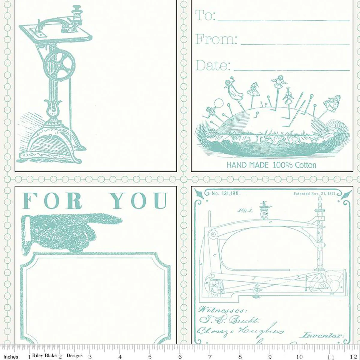 Fabric, Quilt Labels ~ Old-Fashioned Antique Sewing AQUA BLUE (by the yard) - Image 2