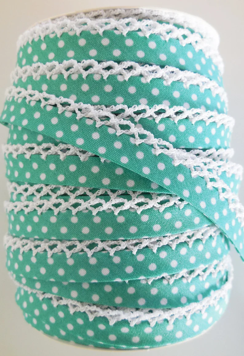 LACE BIAS TAPE, Seafoam Green Polka Dot Double Fold Crochet Edge (by the yard) - Image 2