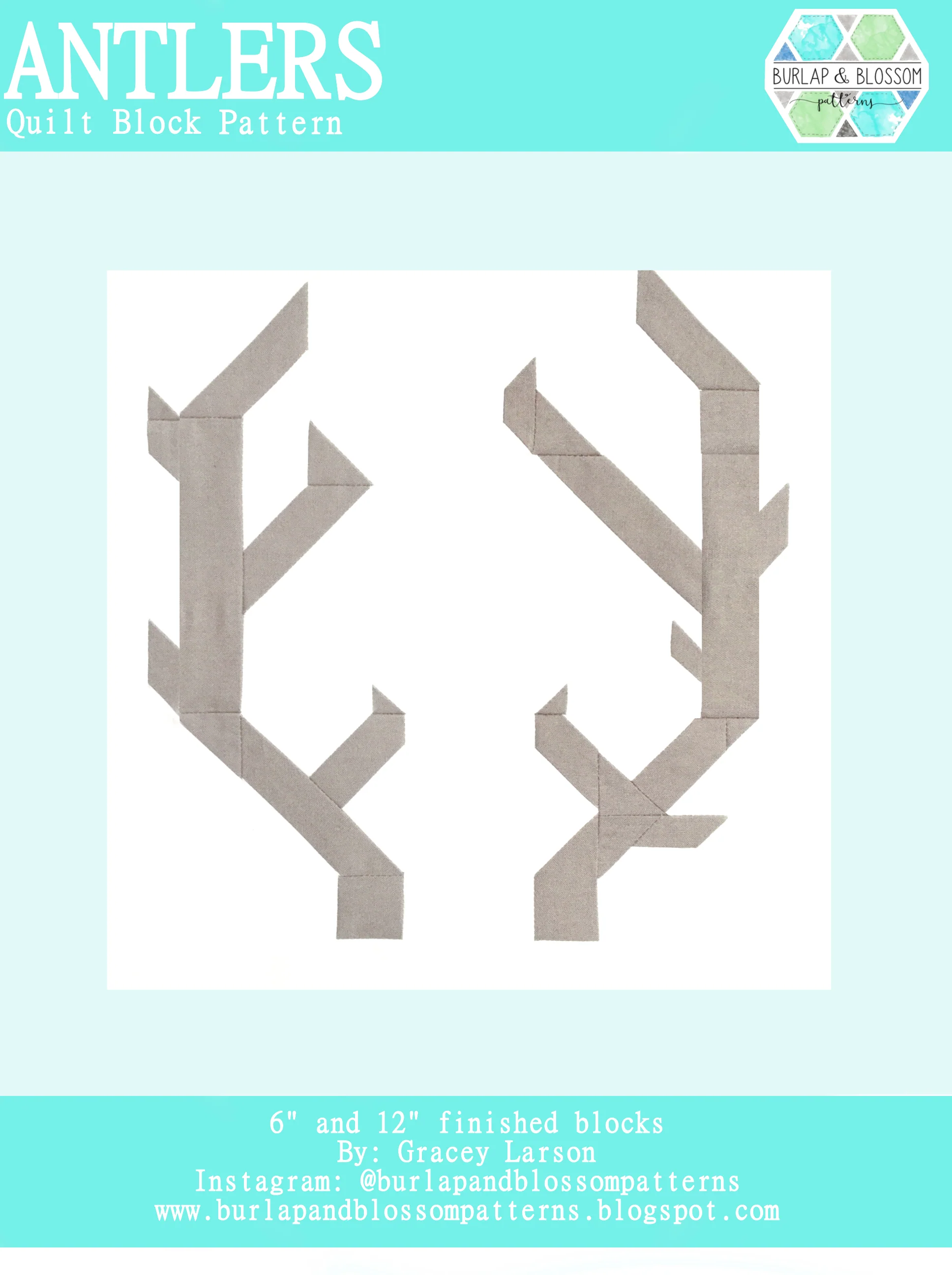 Pattern, Antlers Quilt Block by Burlap and Blossom (digital download)