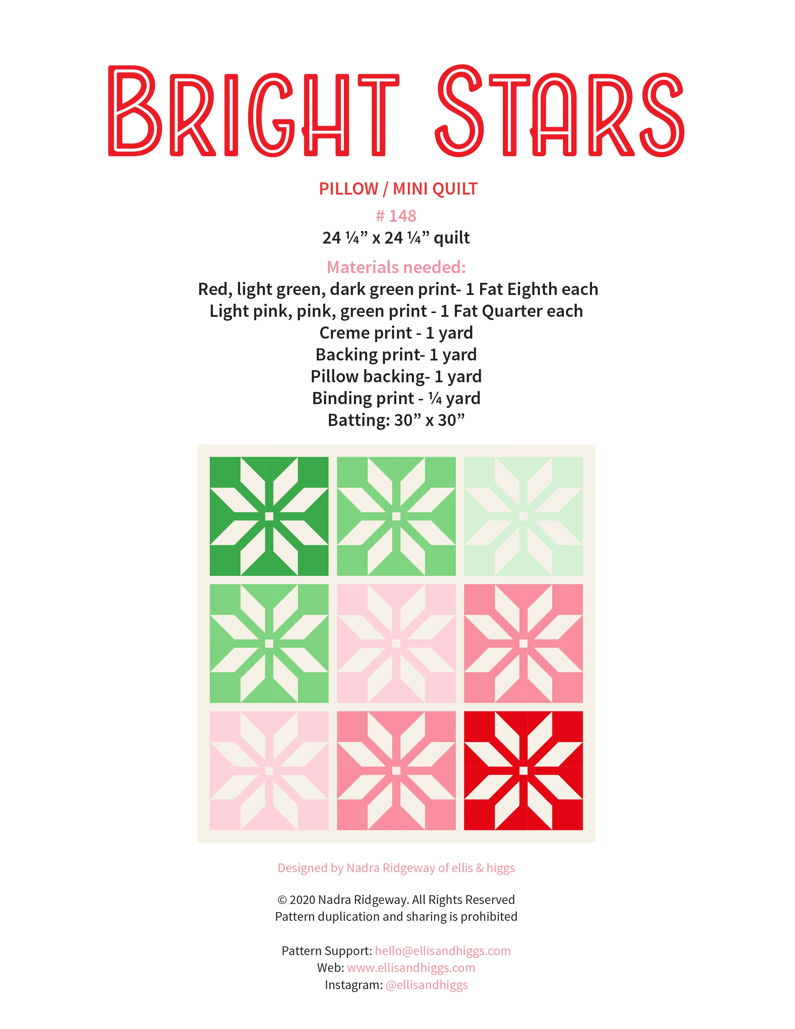 Pattern, Bright Stars Mini Quilt / Pillow by Ellis & Higgs (digital download) - Image 2