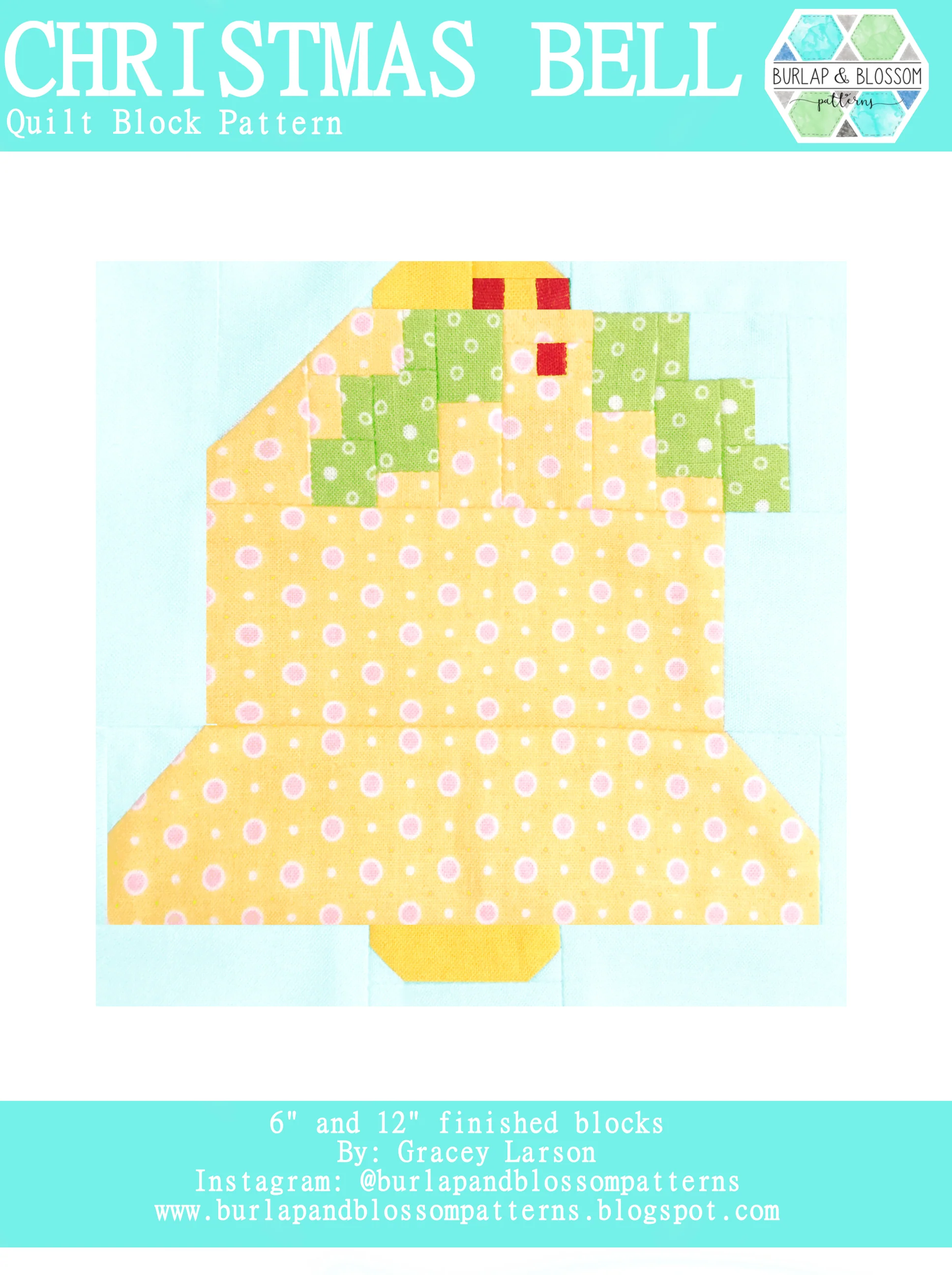 Pattern, Christmas Bell Quilt Block by Burlap and Blossom (digital download)