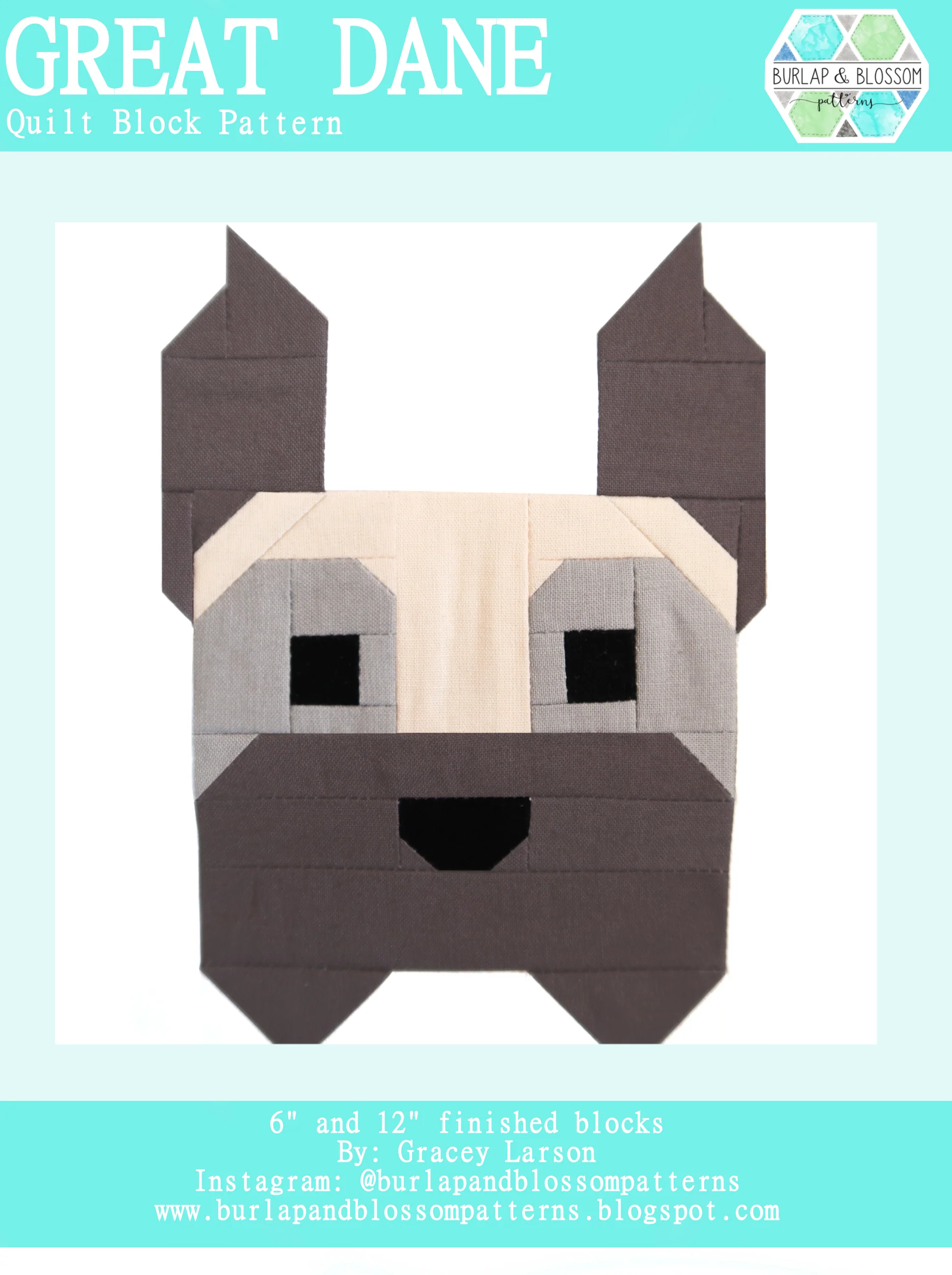 Pattern, Great Dane Dog Quilt Block by Burlap and Blossom (digital download)