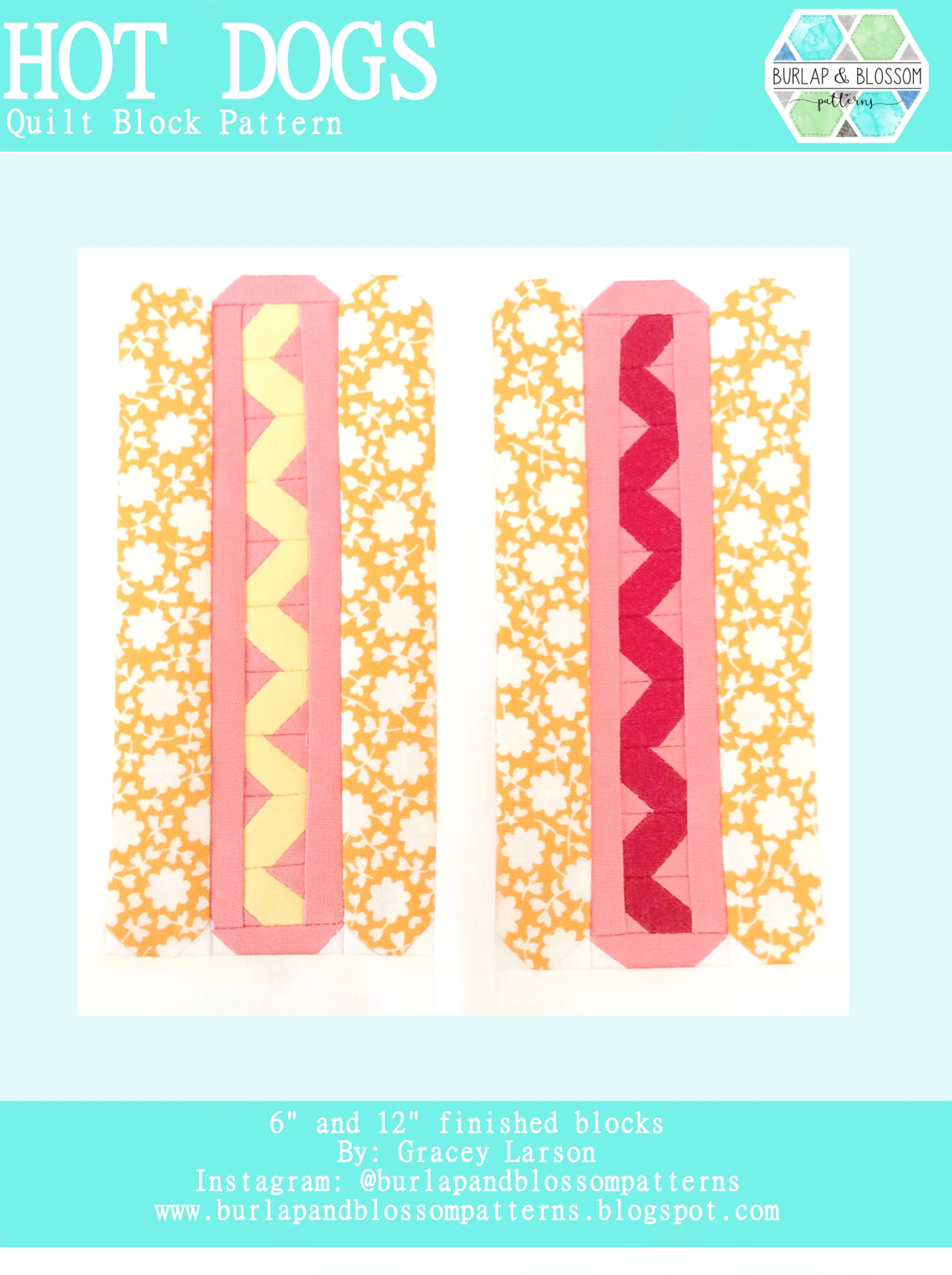 Pattern, Hot Dogs Quilt Block by Burlap and Blossom (digital download)