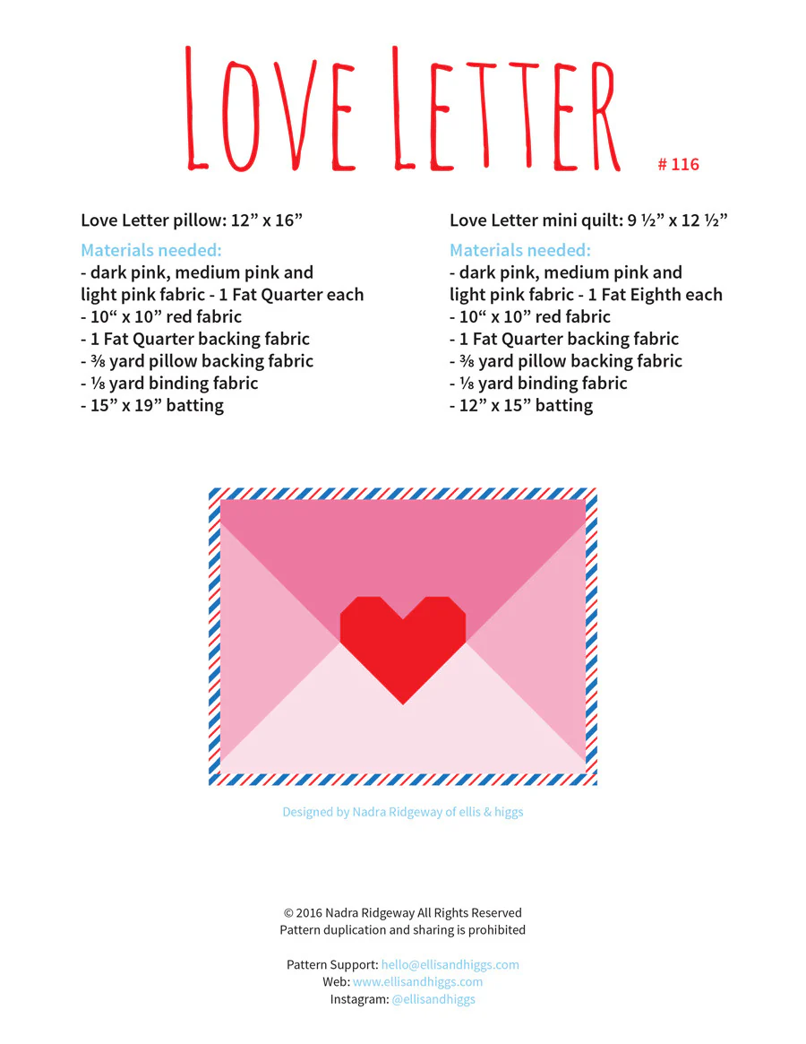 Pattern, Love Letter Pillow Cover / MINI Quilt by Ellis & Higgs (digital download) - Image 2