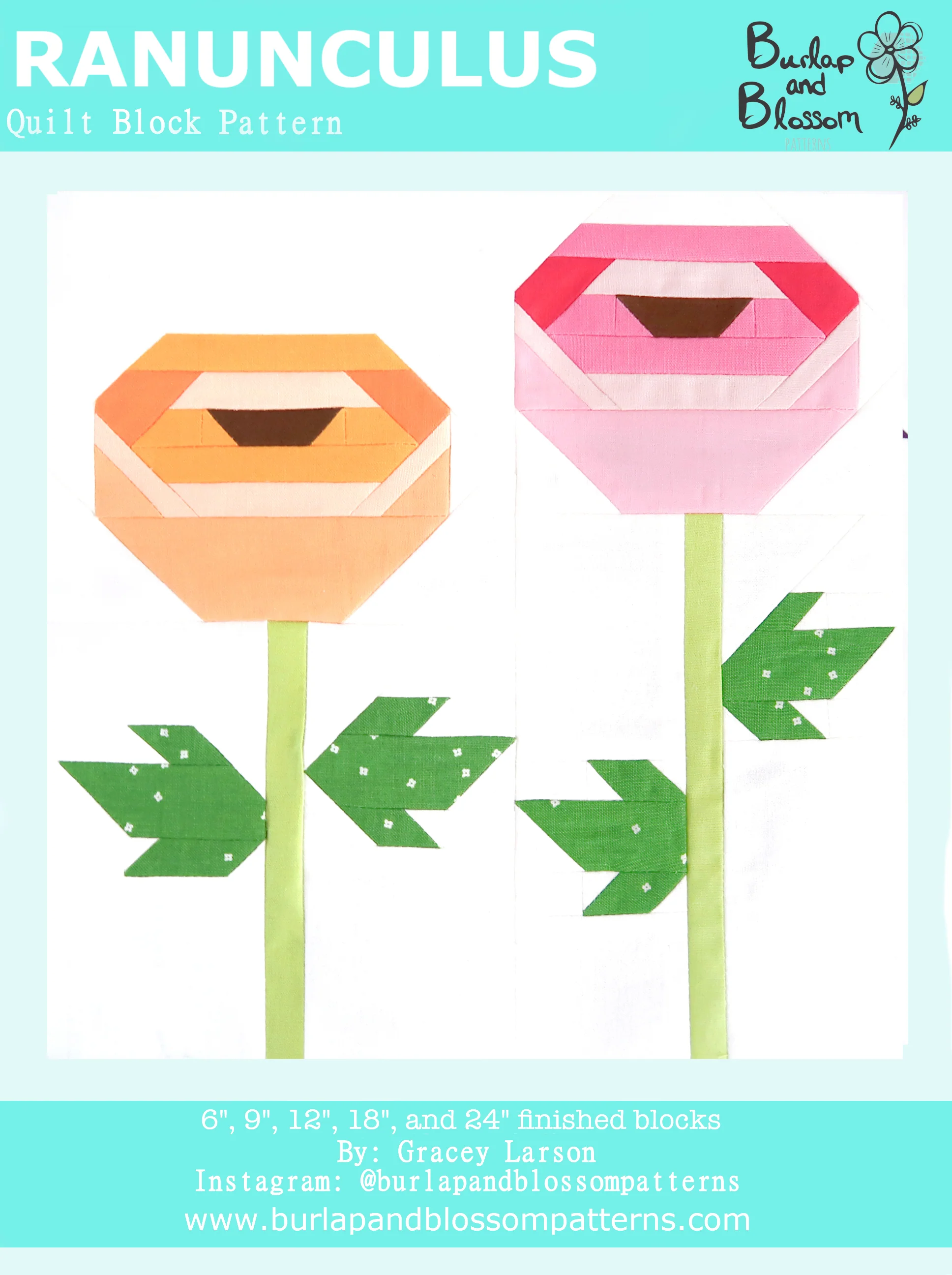 Pattern, Ranunculus Flower Quilt Block by Burlap and Blossom (digital download)