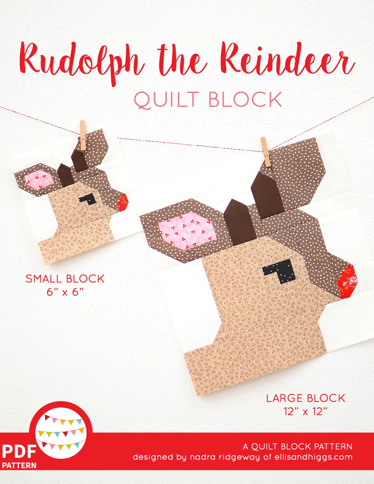 Pattern, Rudolph the Reindeer Quilt Block by Ellis & Higgs (digital download)