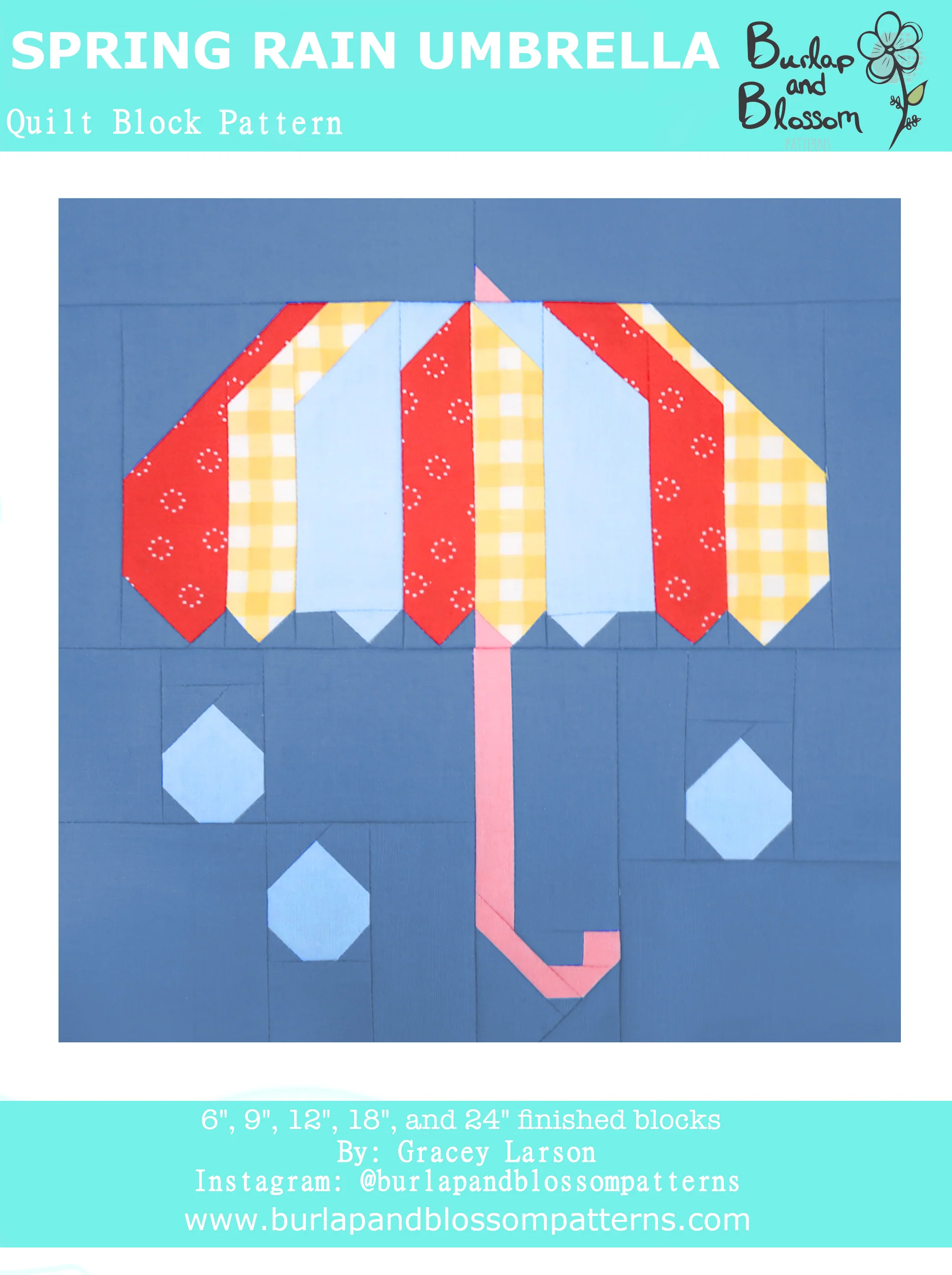 Pattern, Spring Rain Umbrella Quilt Block by Burlap and Blossom (digital download)