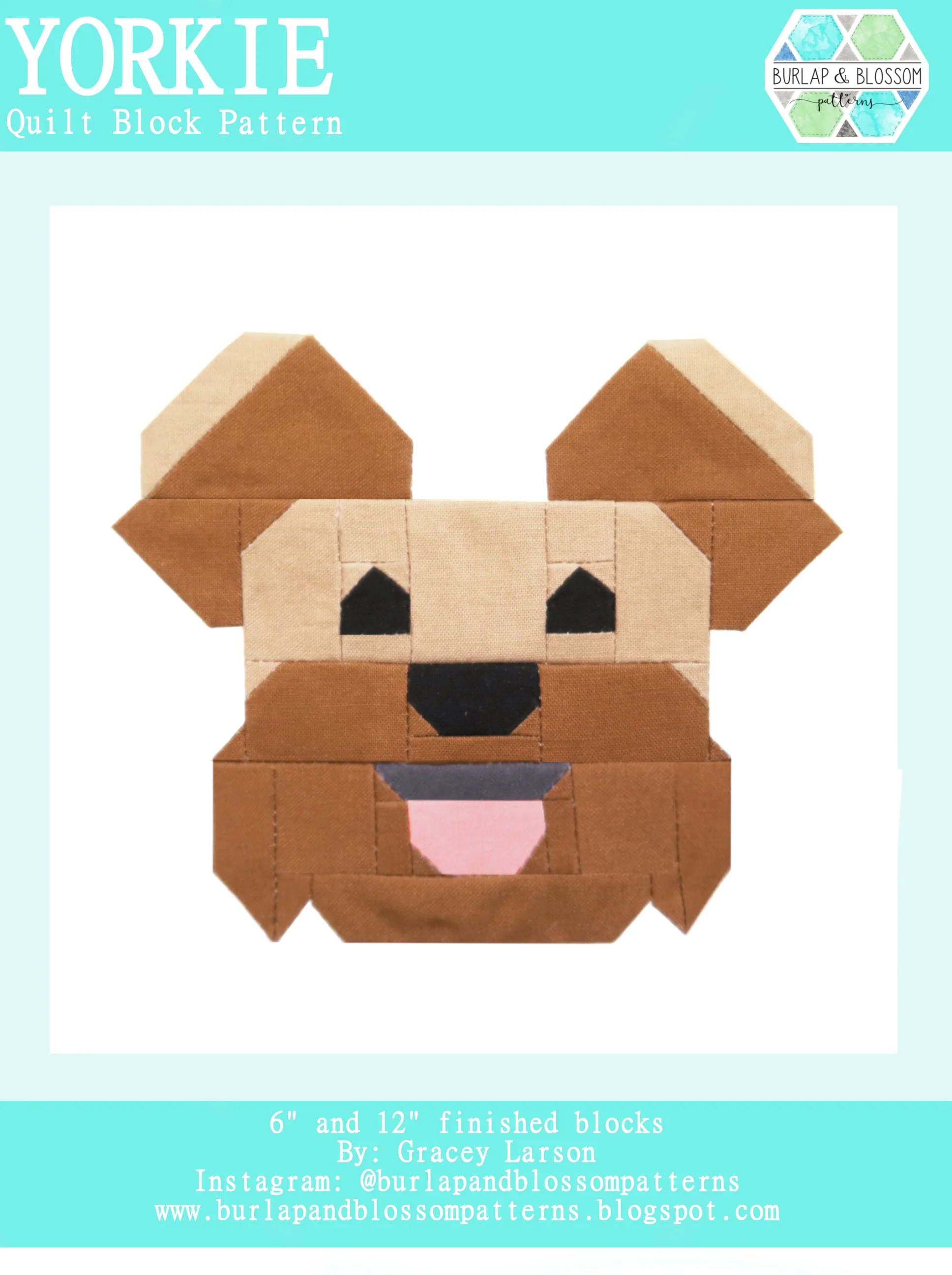 Pattern, Yorkie Terrier Dog Quilt Block by Burlap and Blossom (digital download)