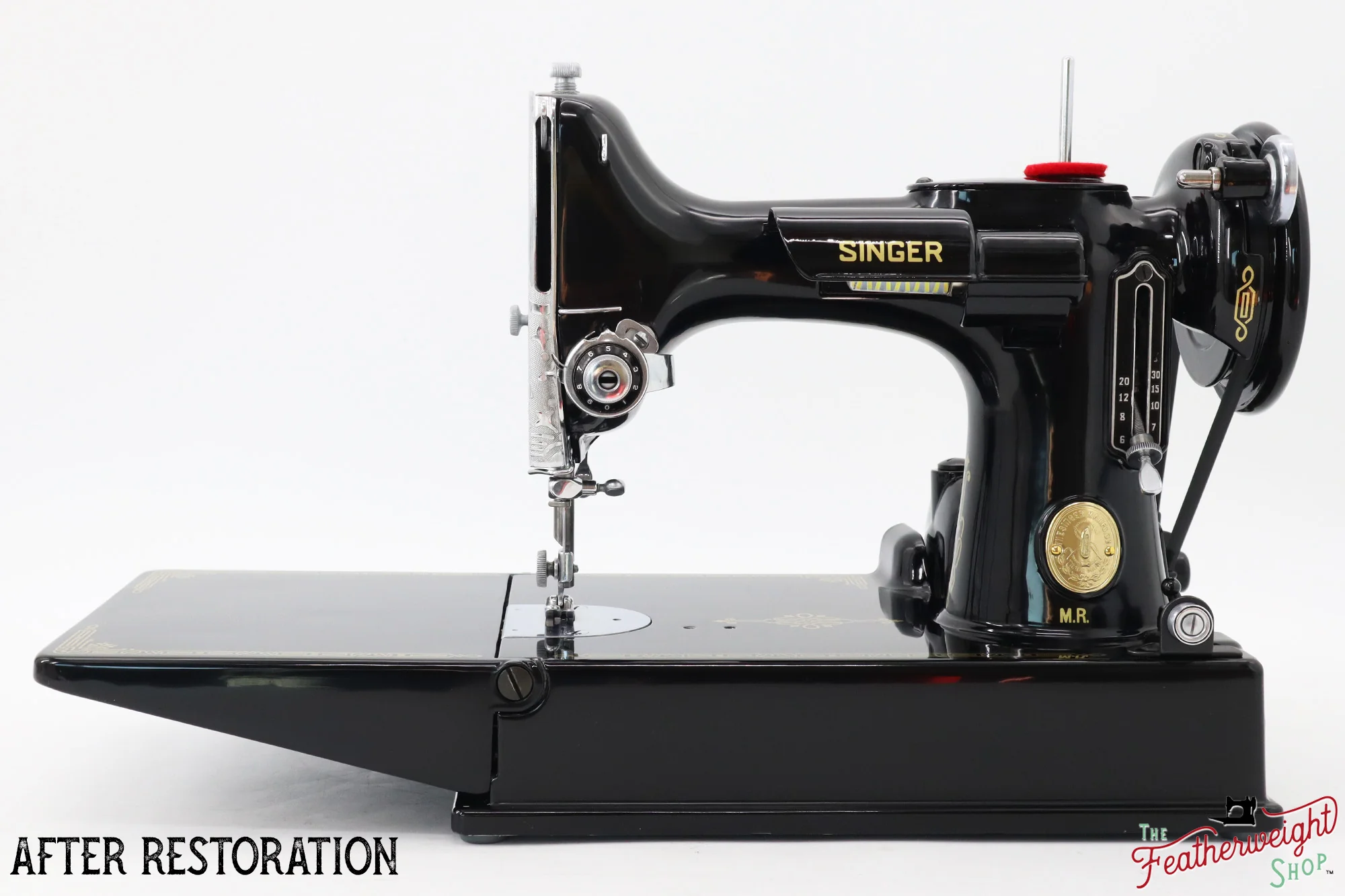Singer Featherweight 221 Sewing Machine AJ010***, RARE M.R. Decal - Fully Restored in Gloss Black - Image 4